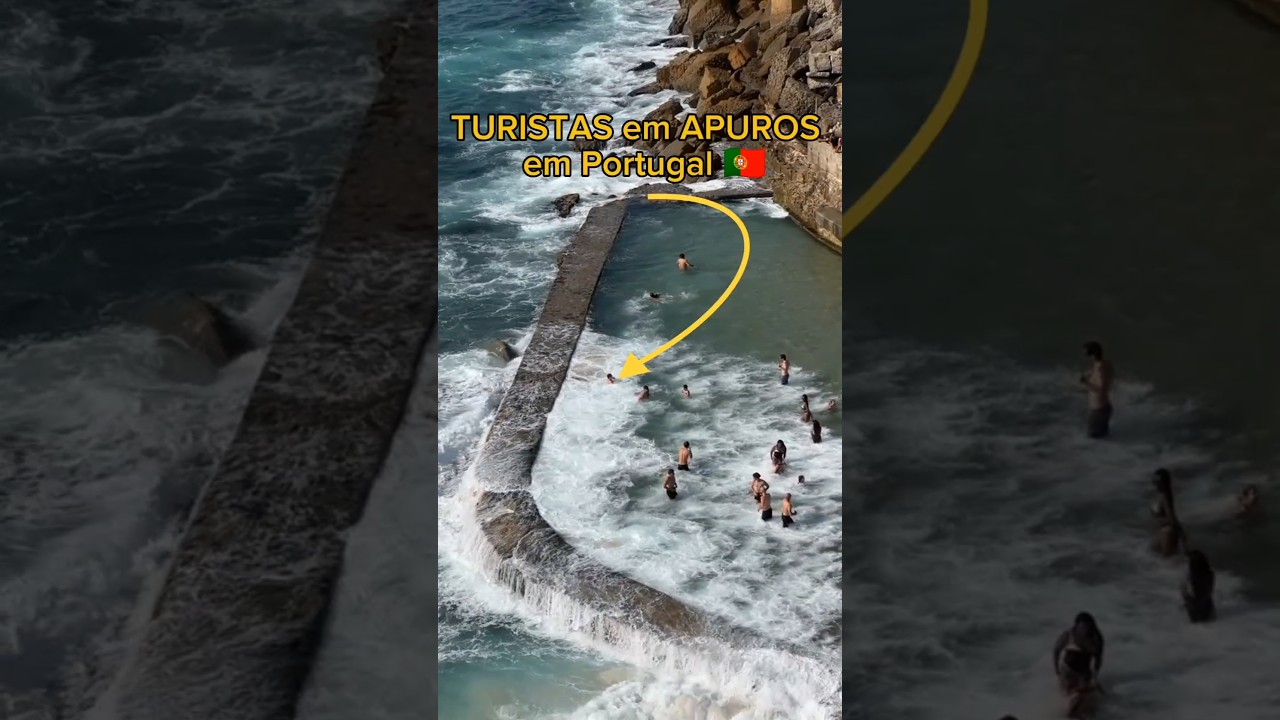 Onda surpreende turistas em piscina beira mar em Portugal #aventura #travel #beach