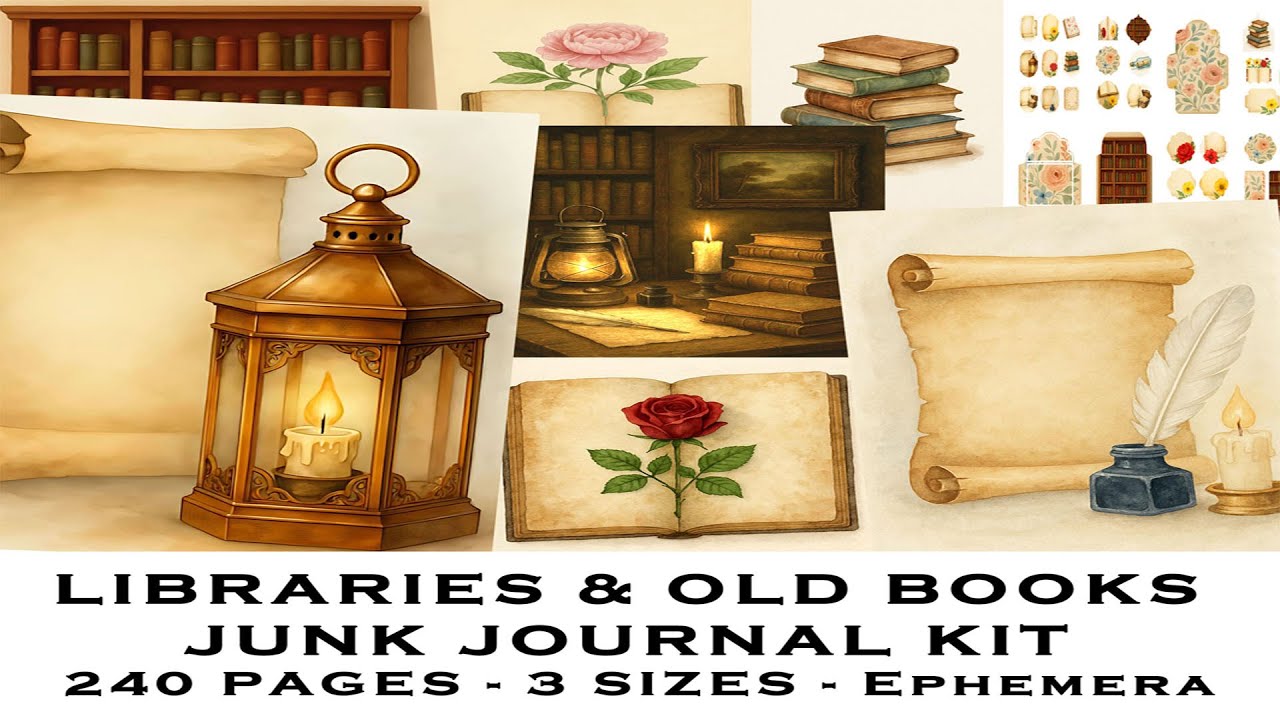 Libraries and Old Books Junk Journal Kit, Crafting, Ephemera Printable Digital Download