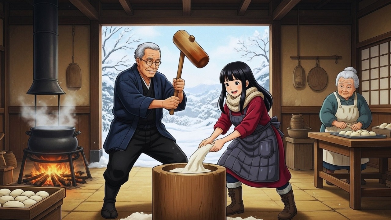 Traditionelle Mochi-Herstellung: Das Handwerk der Großeltern im Winter ❄️🍡