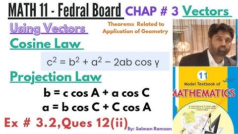 Math 11 | Fedral Board | Ex. 3.2 Q 12(ii) | Using Vectors Prove Cosines & Projection law #fibse