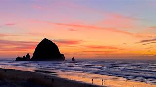 4K Screensaver - Cannon Beach Sunset | Haystack Rock Ocean Waves | 4 Hour Ambient Nature