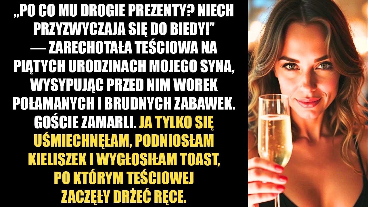 „Masz. Baw się tym, obdartusie” – te słowa mojej teściowej usłyszał cały dom. Stałam w drzwiach własnego salonu, a na dywanie leżał stos połamanych, brudnych zabawek. Moje pięćletnie dziecko...