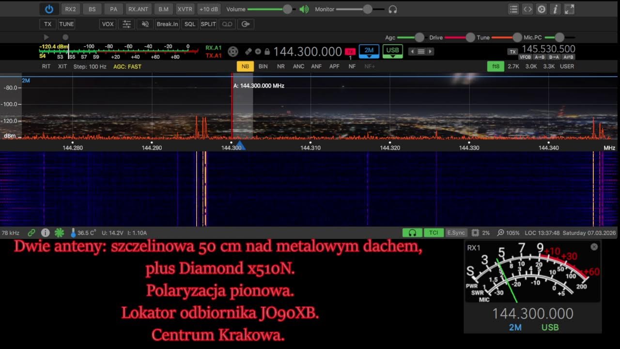 Nasłuch pasma 2 metrów (144.300 MHz USB i okolice )  w centrum Krakowa.