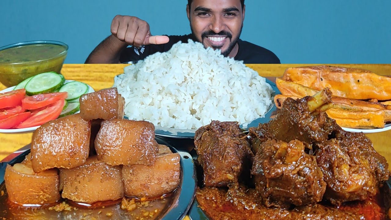 Eating Spicy Pork Curry with Rice | Mutton Curry, Bringal Pakora, Dal & Salad Mukbang