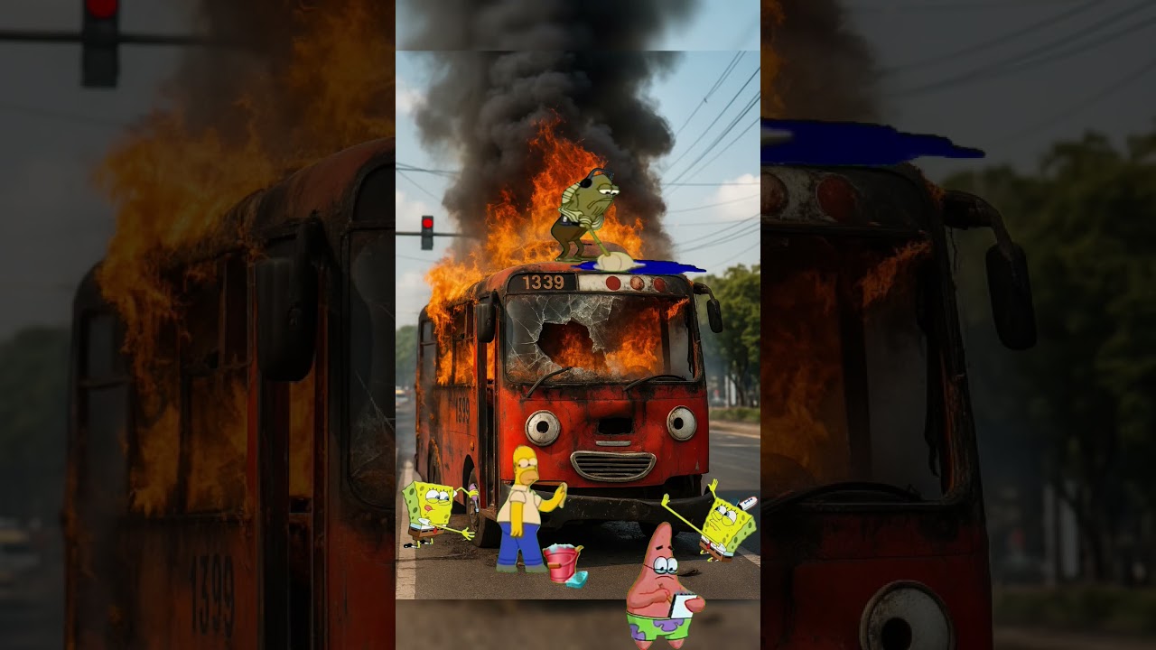 Bus tayo warna merah terbakar hebat di jalanan kota rusak tabrakan