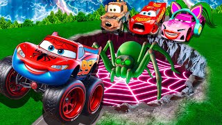 빔NG 드라이브에서 거대 거미 구덩이 대 라이트닝 맥퀸 & 몬스터 미스 프리터 & 픽사 자동차 대결! screenshot 4