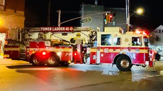 FDNY TOWER LADDER 46 RESPONDING FROM QUARTERS ON BAILEY AVENUE IN KINGSBRIDGE, THE BRONX IN NEW YORK