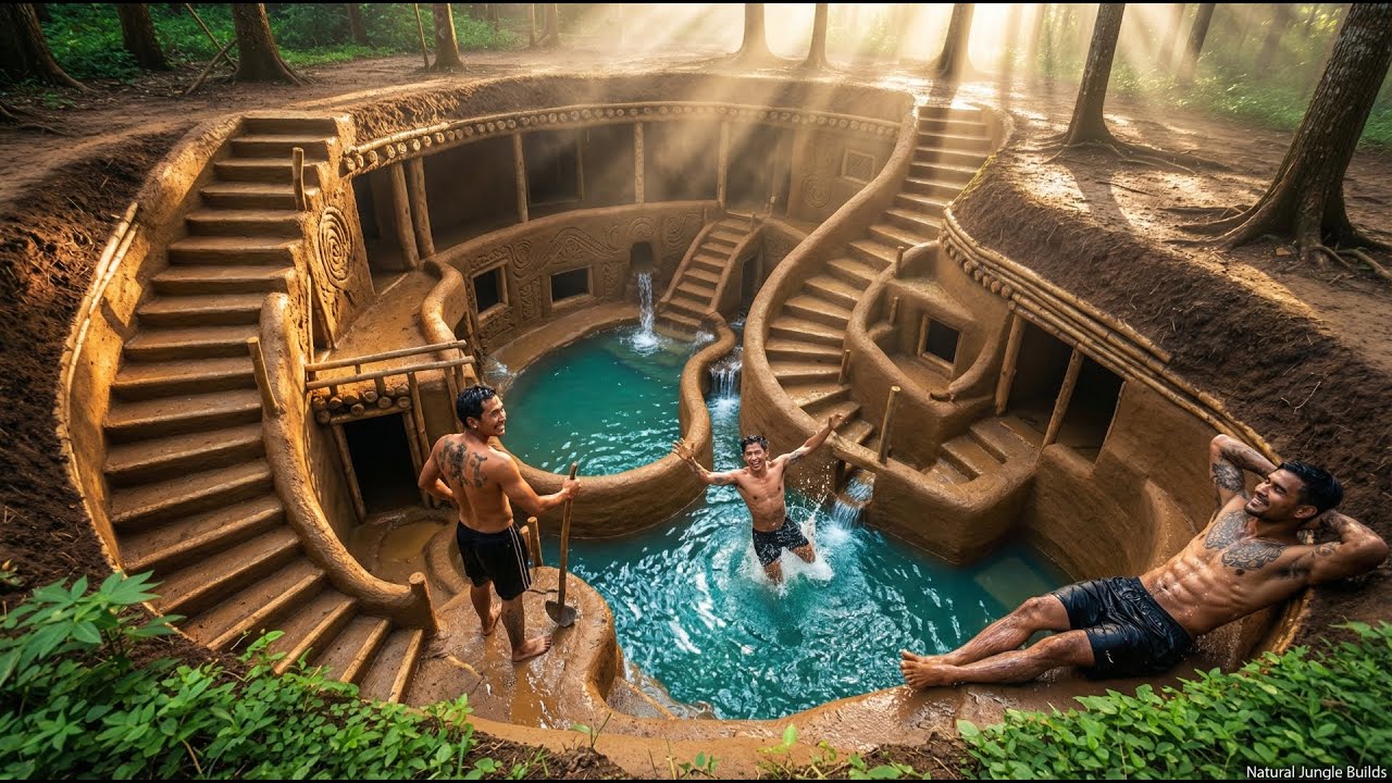 90 Days Building an Ancient Underground House with Spiral Water Slide Using Primitive Tools