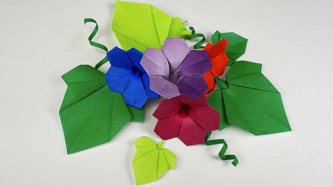 簡単折り紙】朝顔の花と葉とツルの作り方✨How to make Morning glory