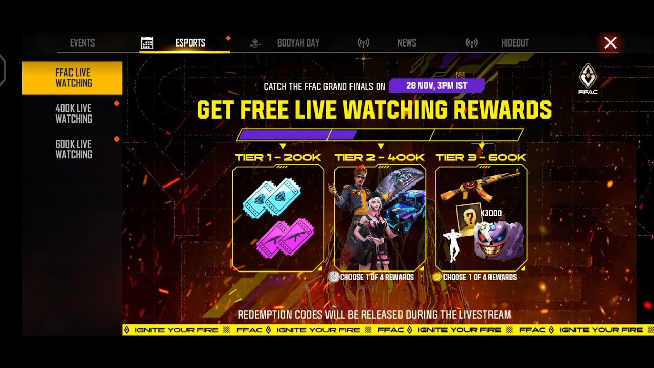 600K LIVE WATCHING REWARD EVENT FREE FIRE / FREE FIRE NEW EVENT NEW 400K & 600K LIVE WATCHING REWARD