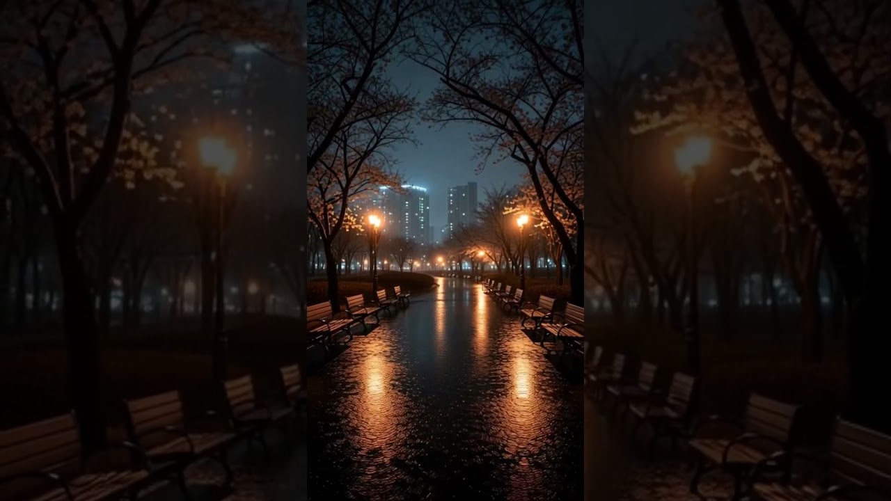 ASMR of Rain on a Park Path under Streetlights