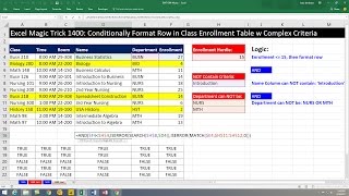 Excel Magic Trick 1400: Conditionally Format Row in Class Enrollment Table with Complex Criteria