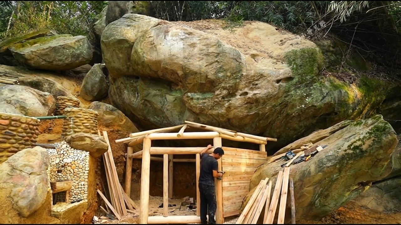 I Built a Secret Hexagonal Cabin Under a Giant Rock (Complete Bushcraft Build)