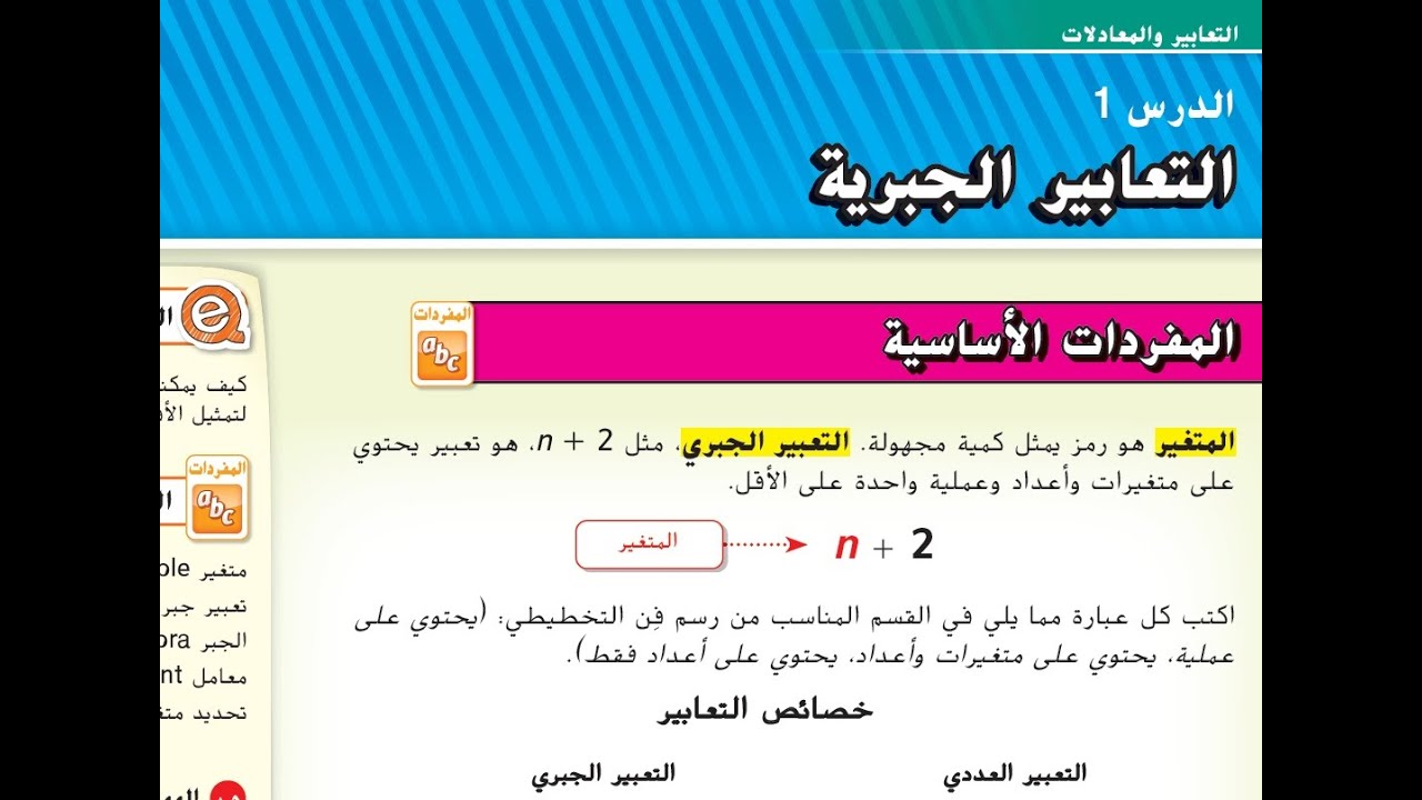 الدرس 1 الوحدة 5 التعابير الجبرية للصف السابع