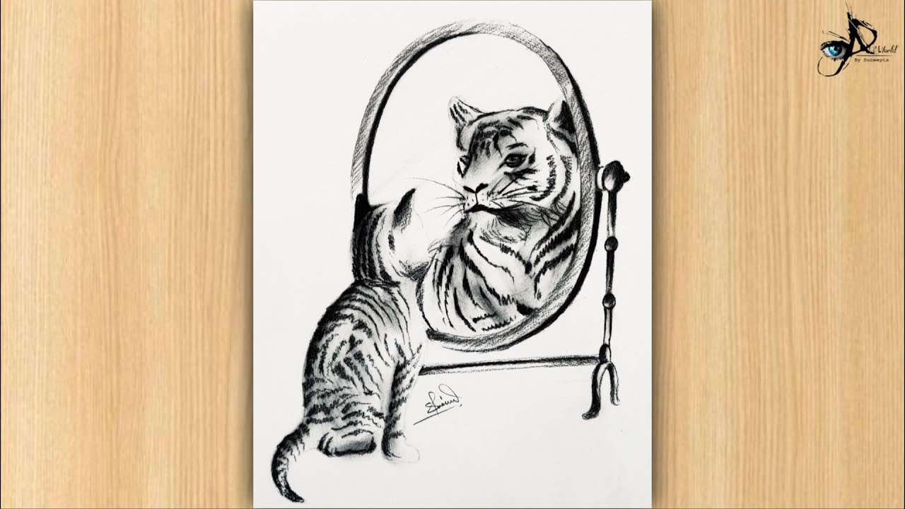 How to draw a Cat Seeing a Tiger in the Mirror | Realistic Pencil Sketch Tutorial