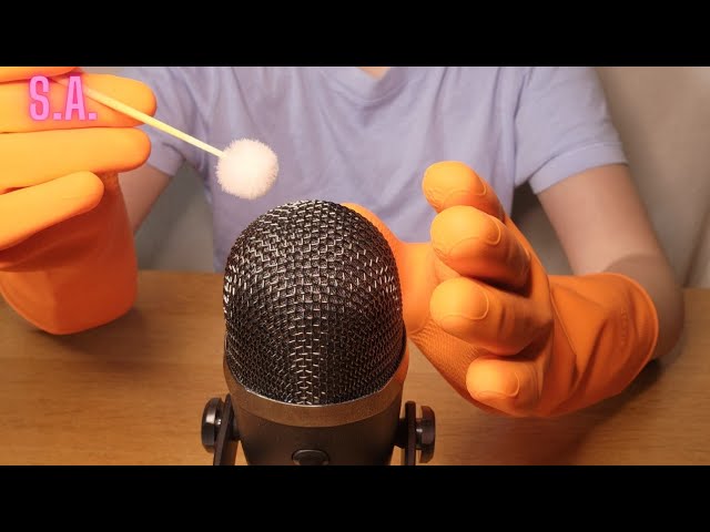 Asmr | CLOSE UPS Orange Rubber Gloves & Ear Brush on Mic Sound (NO TALKING)