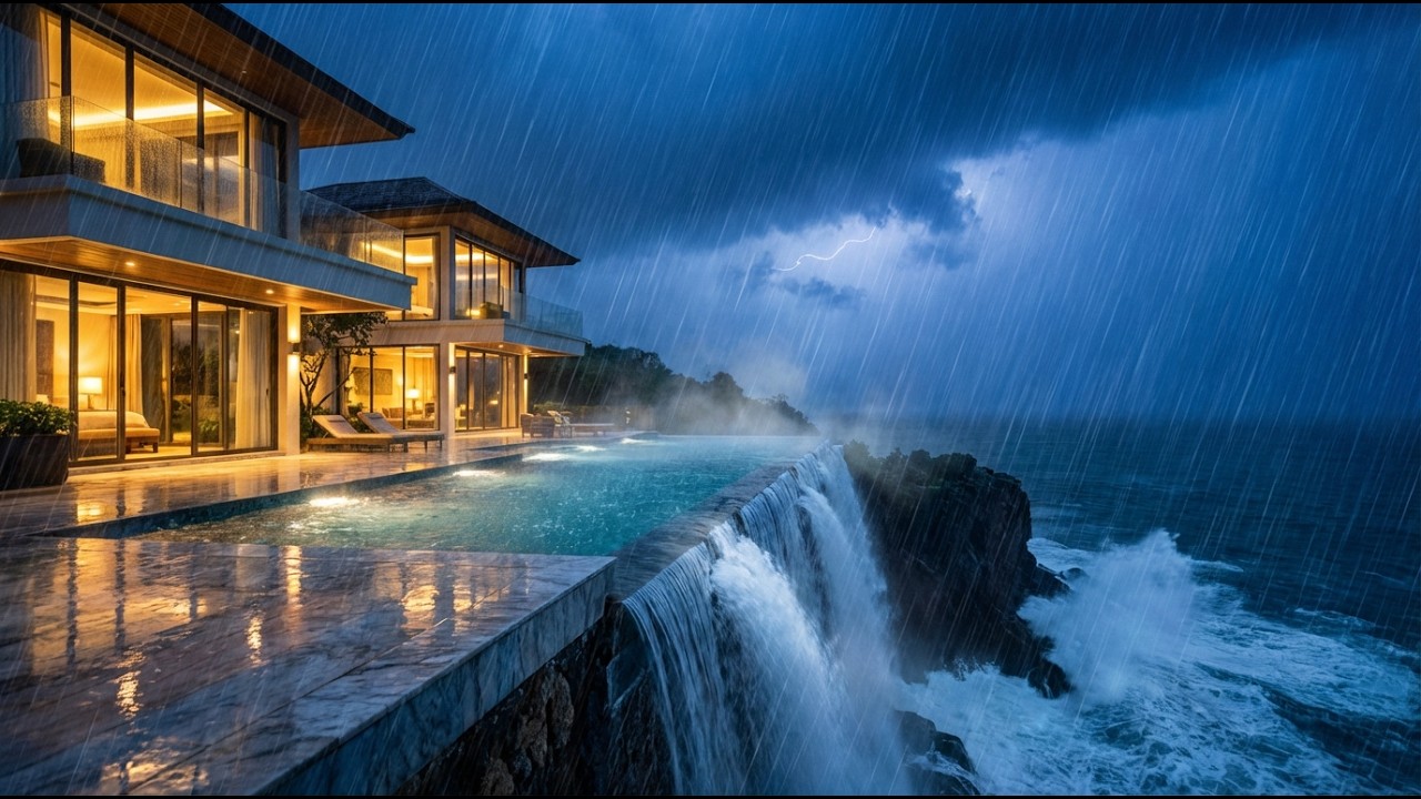 Heavy Rain Night at Luxury Cliffside Resort | 2 Hours Relaxing Ocean & Rain Sounds