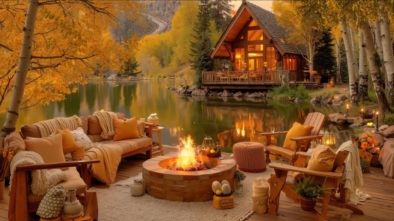 November Cozy Autumn Lakeside 🍂 Relaxing Piano & Crackling Fireplace Sounds For Sleep, Relax