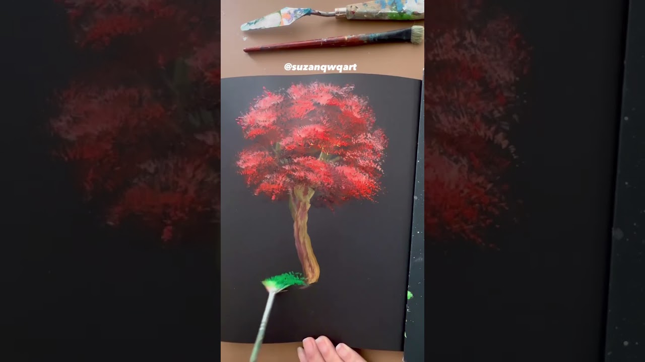 Easy red maple tree with acrylic paint on sketchbook 