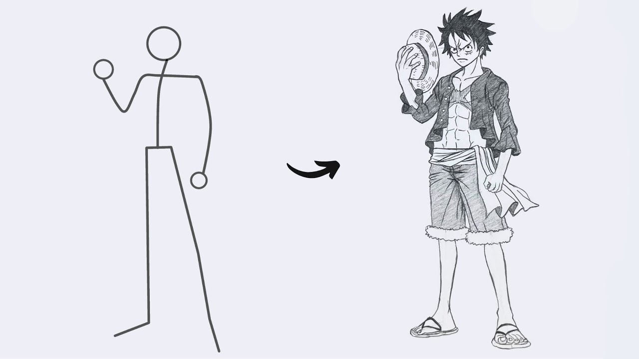 How to draw Monkey D. Luffy Full Body out of Stick Man | Easy Step by Step