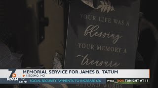 Family and friends gather at Crowder College in Neosho for a memorial service for James B. Tatum.