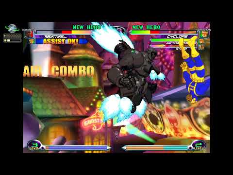 MvC2 Sentinel 200% fast fly combo, reset, unblockable, guardbreak, mixup sequences w. Cyclops 070525