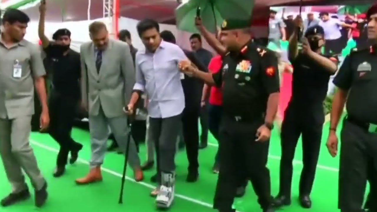 KTR spotted with a walking stick in his first public appearance after suffering a leg injury