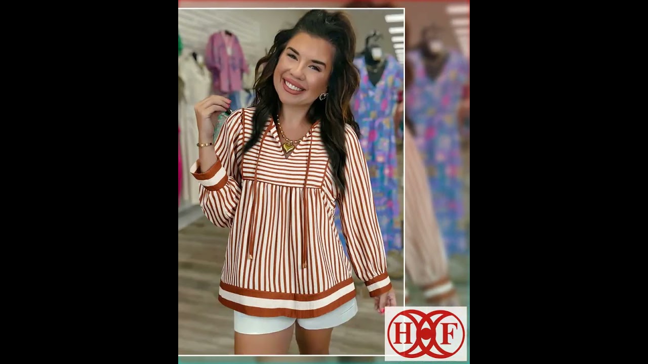 Brown Stripe Babydoll Long Sleeve Blouse