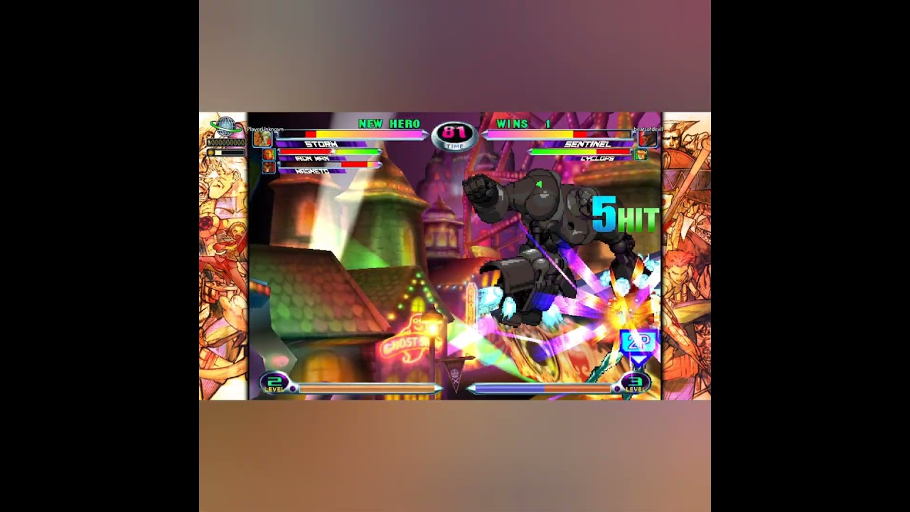 MvC2 Sentinel/Cyclops 80% fly poke to gene splice, rocket punch link throw+assist reset combo 012025