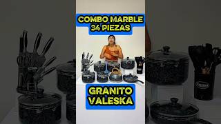 COMBO DE OLLAS EN CERAMICA MODELO MARBLE DE GRANITO DE 34 PIEZAS MARCA VALESKA