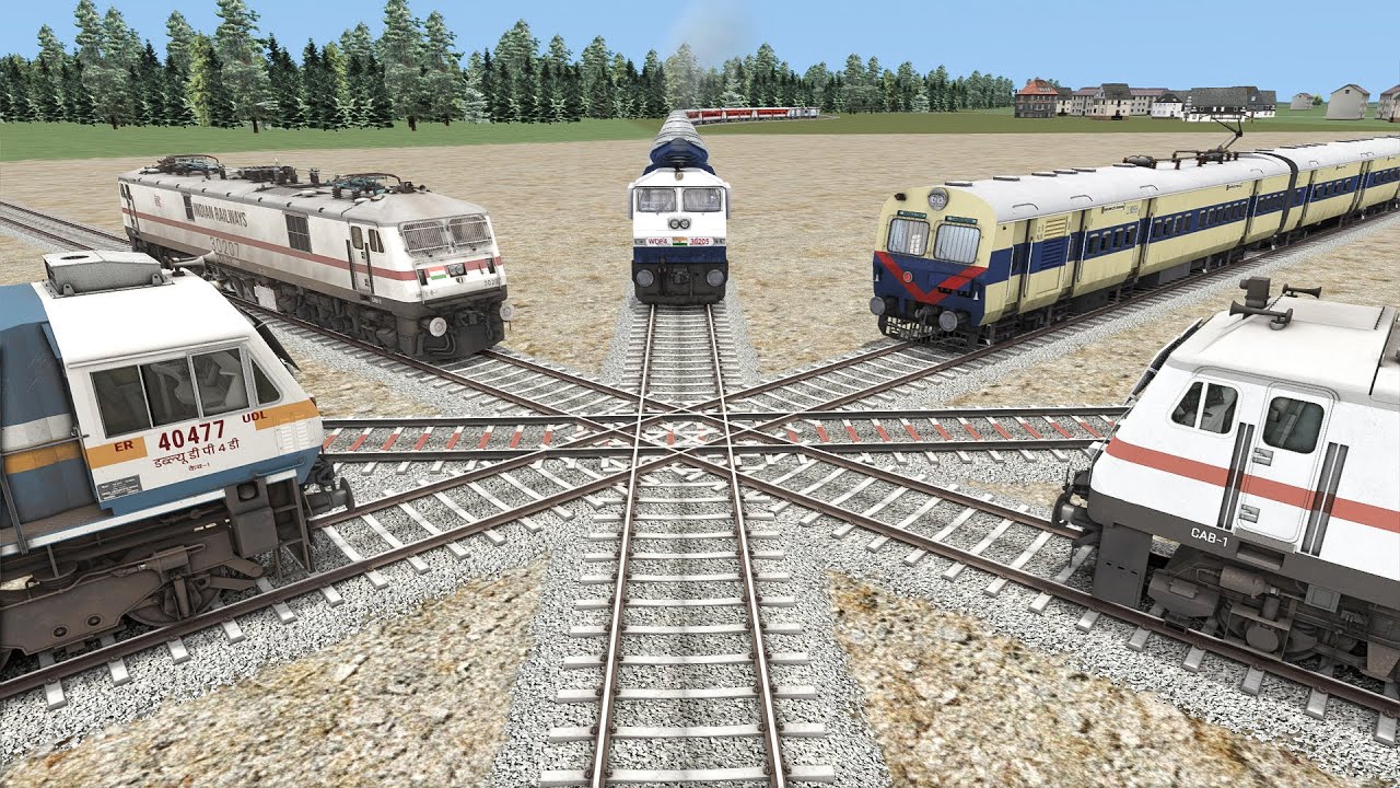Five Trains at Forked Railroad #6 | Cross Each Other at Diamond Crossing - Train Simulator
