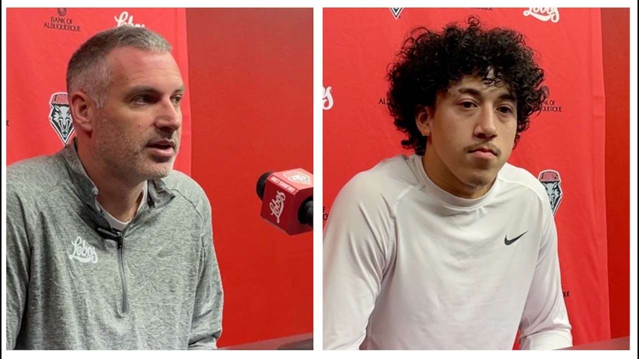 UNM Lobos coach Eric Olen and guard Uriah Tenette ahead of SDSU game (Feb. 27, 2026)