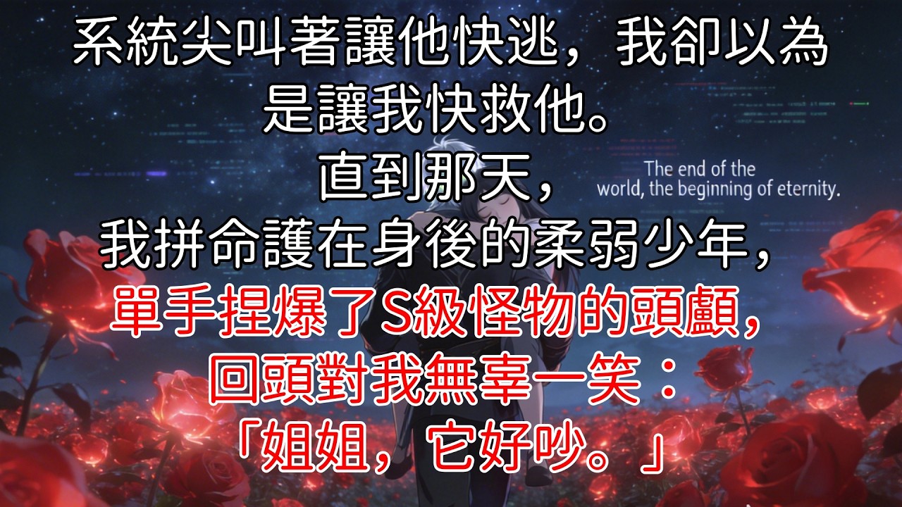 「完結」我一直以為自己拿的是「末世帶娃」的艱難劇本，拼了命地保護那個走兩步就咳血的漂亮少年。直到人類基地覆滅的那天，我絕望地擋在他身前閉目等死，身後卻傳來一聲輕笑。#末世甜寵 #病嬌男主 #反轉神劇