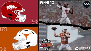 Arkansas vs. (17) Texas | Week 13 - Simulation | College Football 26