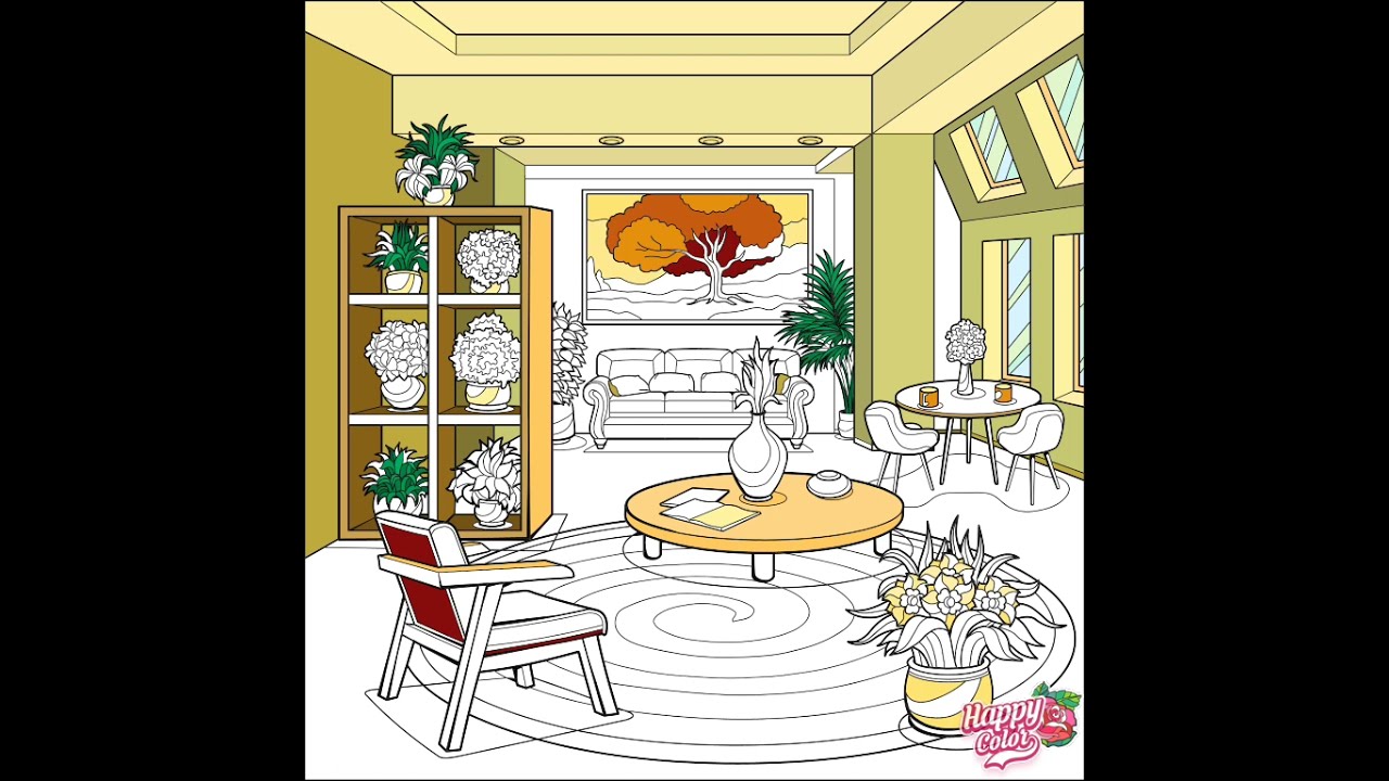Раскраска "Дизайн гостинной". / Coloring page "Living room design". 