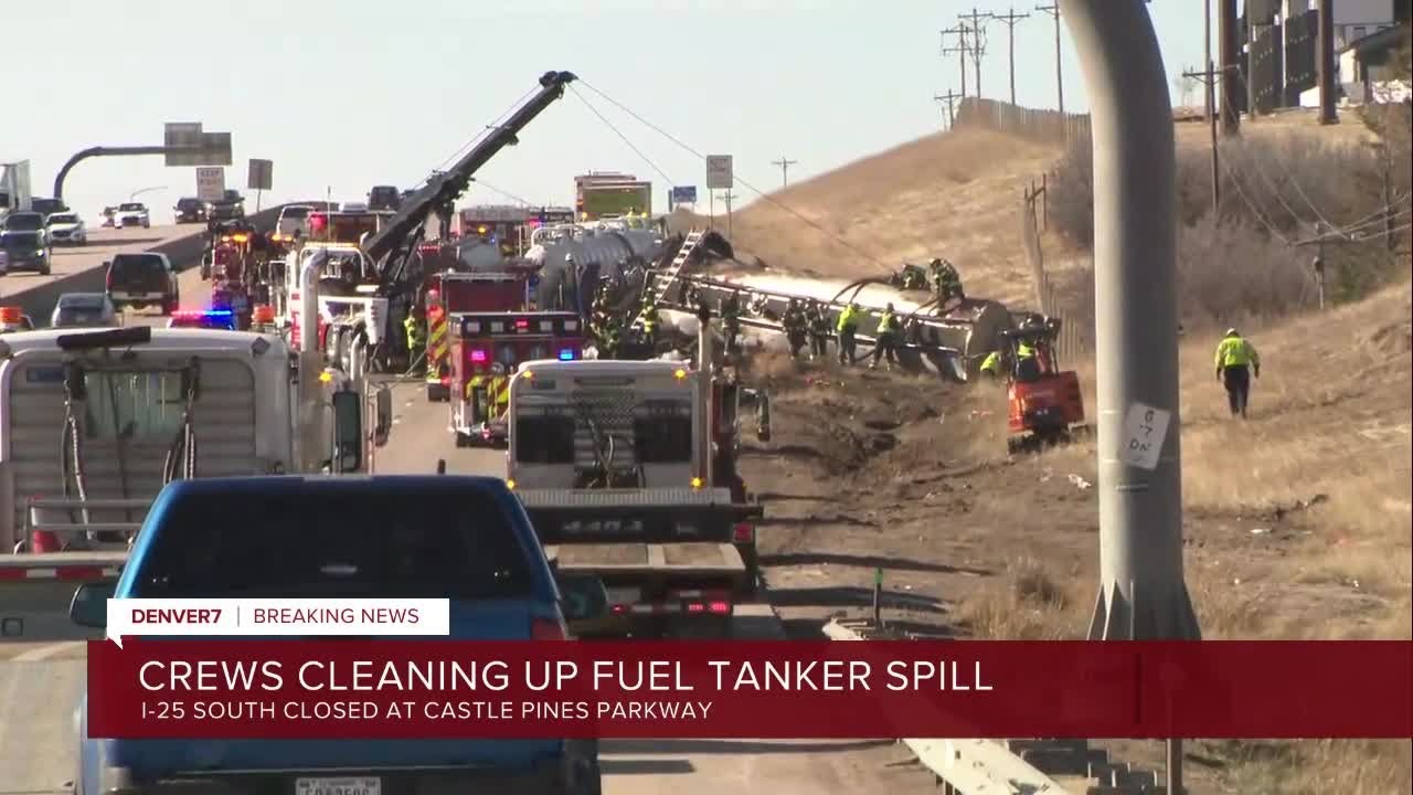 Crews cleaning up I-25 fuel tanker spill - YouTube
