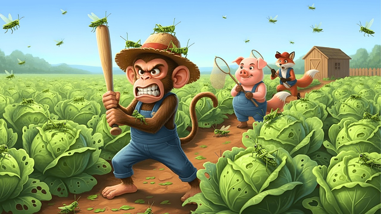 Farmer Monkey, Fox, Pig Chase A Swarm of Grasshoppers Destroying Cabbage / Cartoon about Monkeys🐒🚜