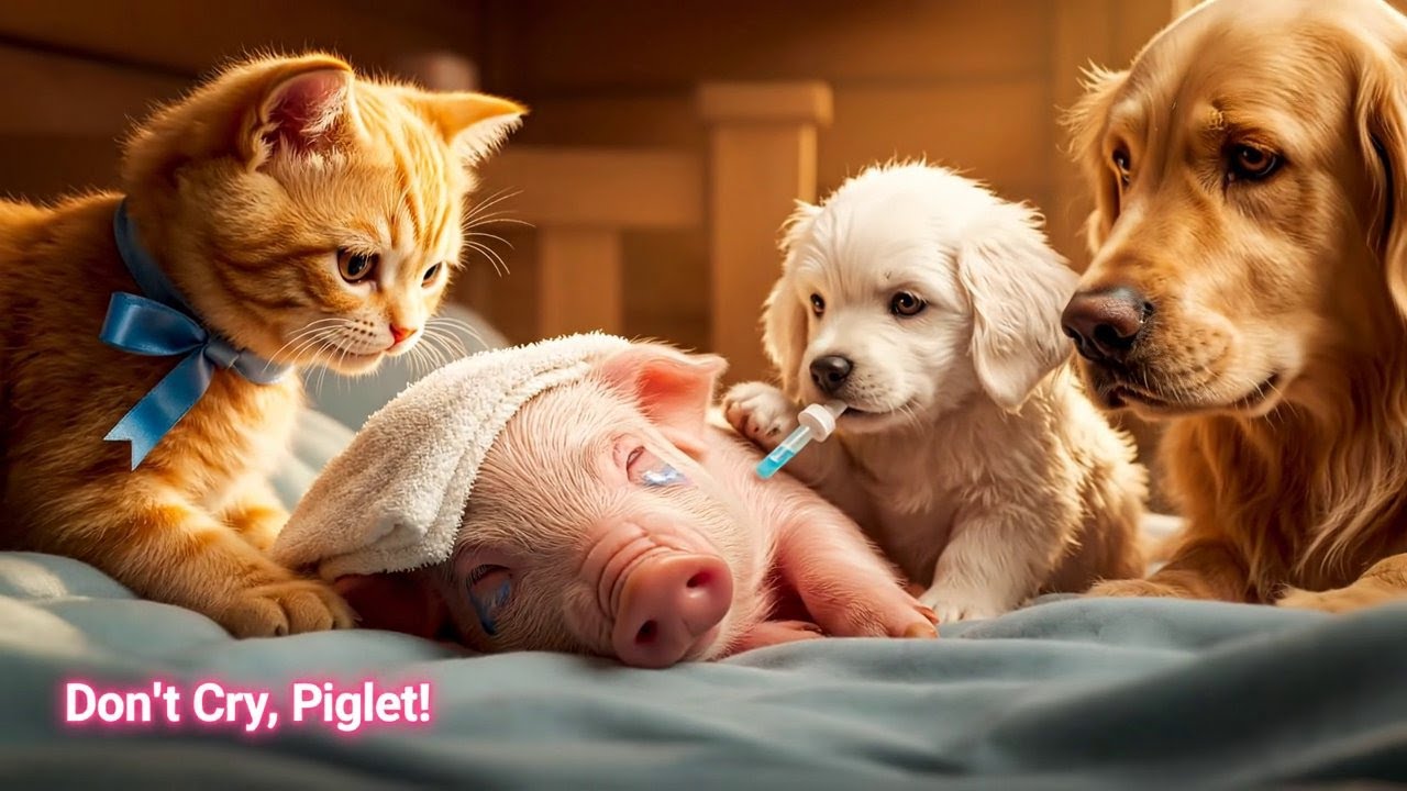 Puppy, Kitten & Father Dog Care for the Sick Piglet | Warm Family Love