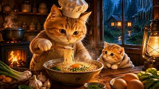 Rainy Night Cat Cooking | Cozy Noodle Soup ASMR for Relaxation