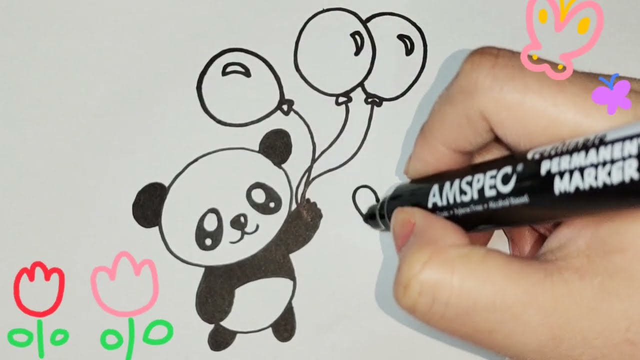 HOW TO DRAW A CUTE PANDA HOLDING A BALLOON