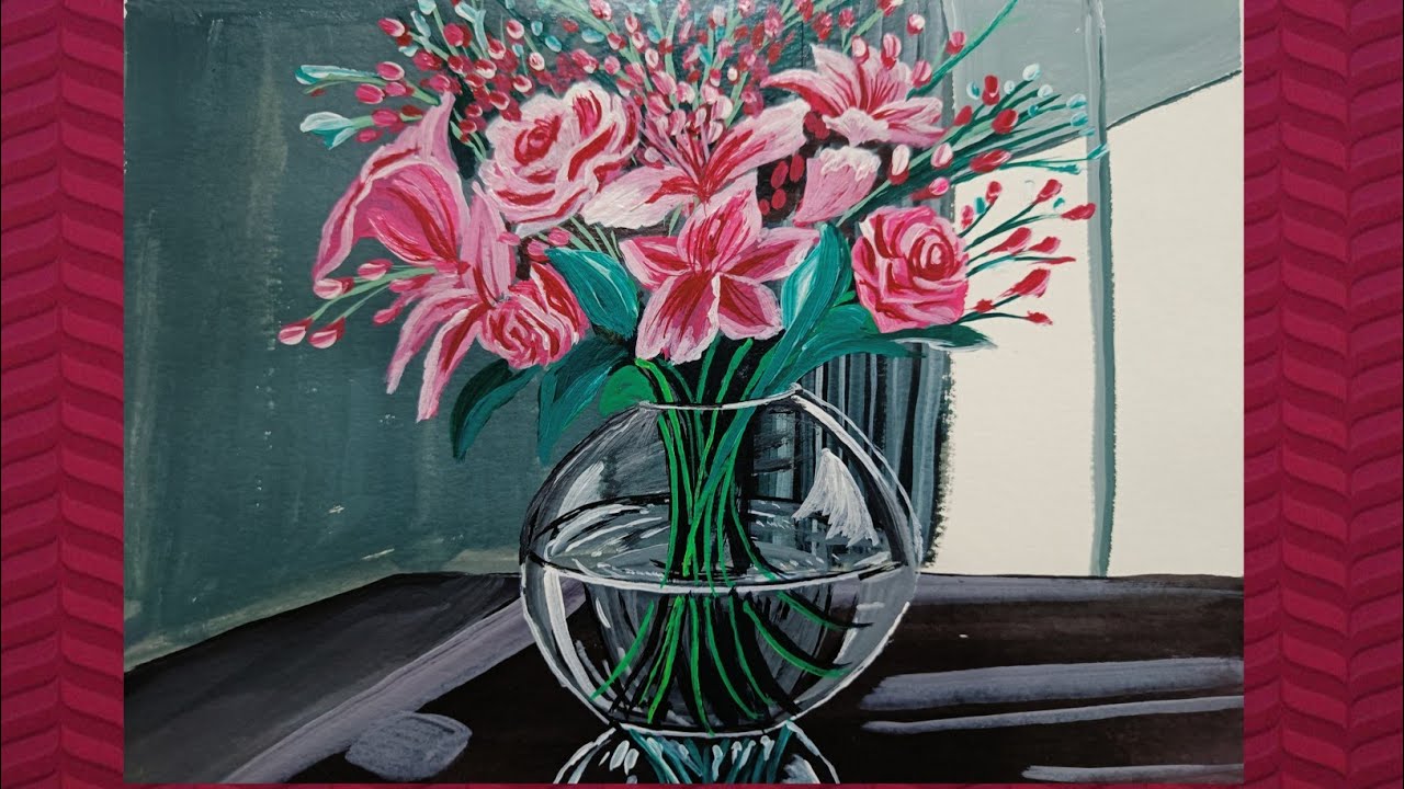 How to paint Pink flowers glass vase Acrylic painting - YouTube