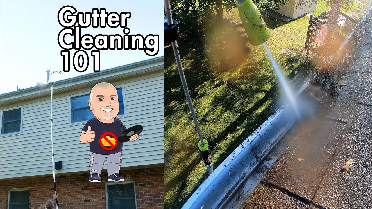 Cleaning twostory gutters with a pressure washer & Sun Joe Gutter