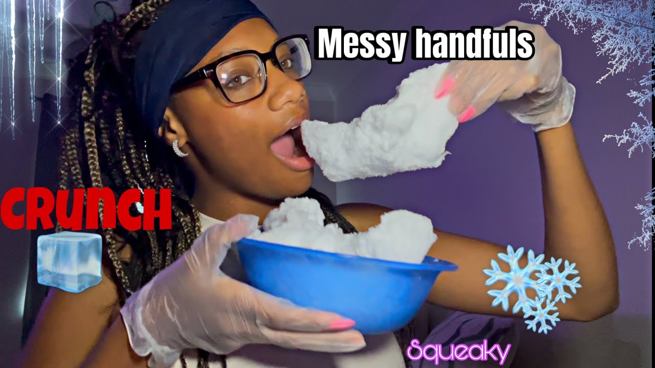 EATING A BIG BOWL OF ICE! MESSY HANDFULS ! ICE CHUNKS | ICE ASMR