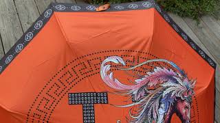 H Designer umbrella with a horse on a orange background and the