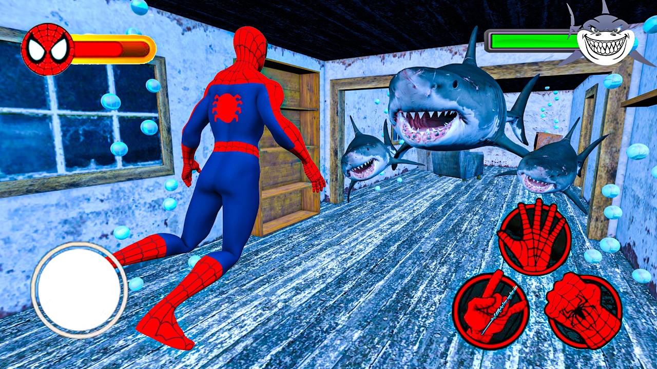 Playing as SpiderMan x Granny x Grandpa x Baby Spider Team Vs White Shark in Granny House