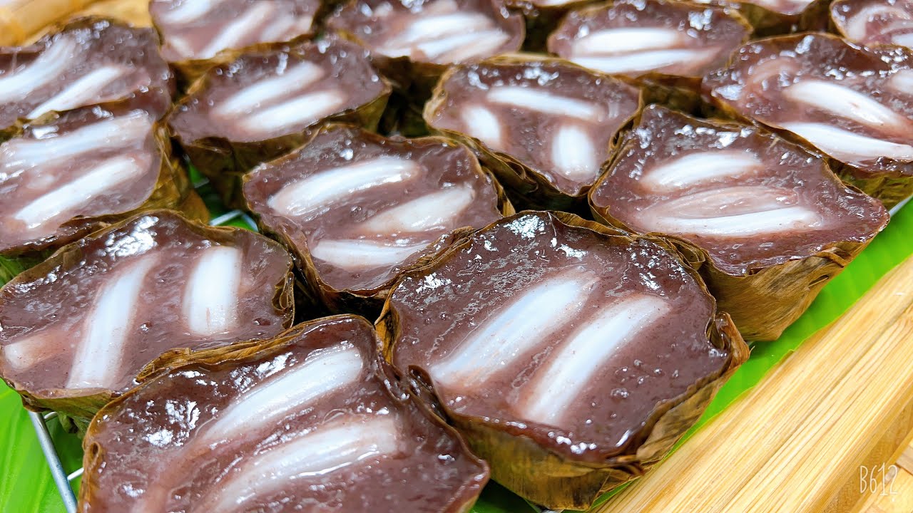 ขนมเข่งมะพร้าวอ่อนผสมแป้งข้าวเหนียวดำ แป้งเหนียวนุ่มหนึบข้ามวัน หวานมันอร่อยมาก