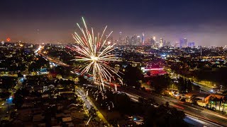 Drone hyperlapses of the crazy fireworks in los angeles during 4th
july, 2019.
