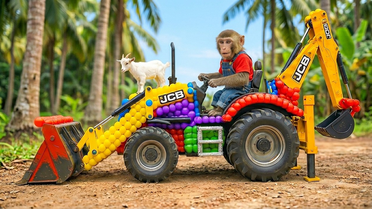 Monkey NaNa Rebuilds the Chicken House After on the Island! JCB 3cx Tractor Excavator Help MONKEY