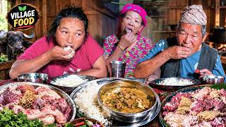Traditional Village Cooking | Buffalo Meat Curry with Hot Rice || buff curry soup cooking and eating