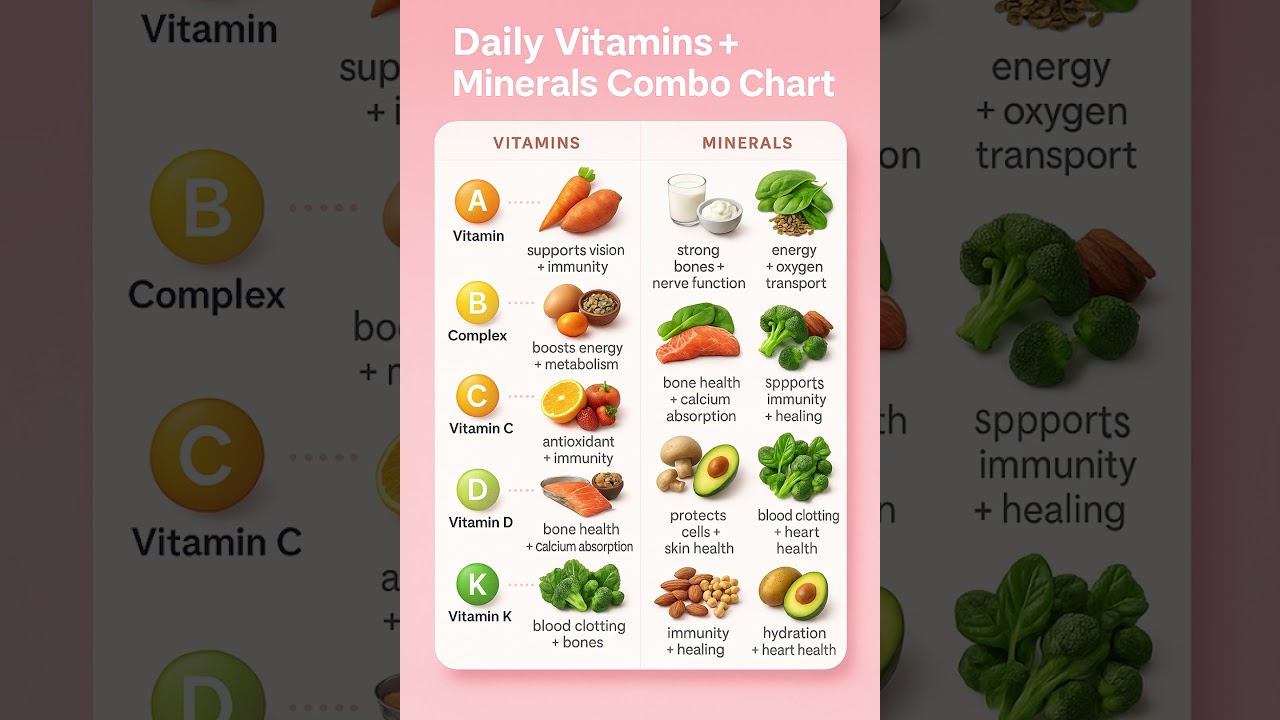 Daily Vitamins + Minerals Combo Chart | Full Nutrition Guide for Better Health 